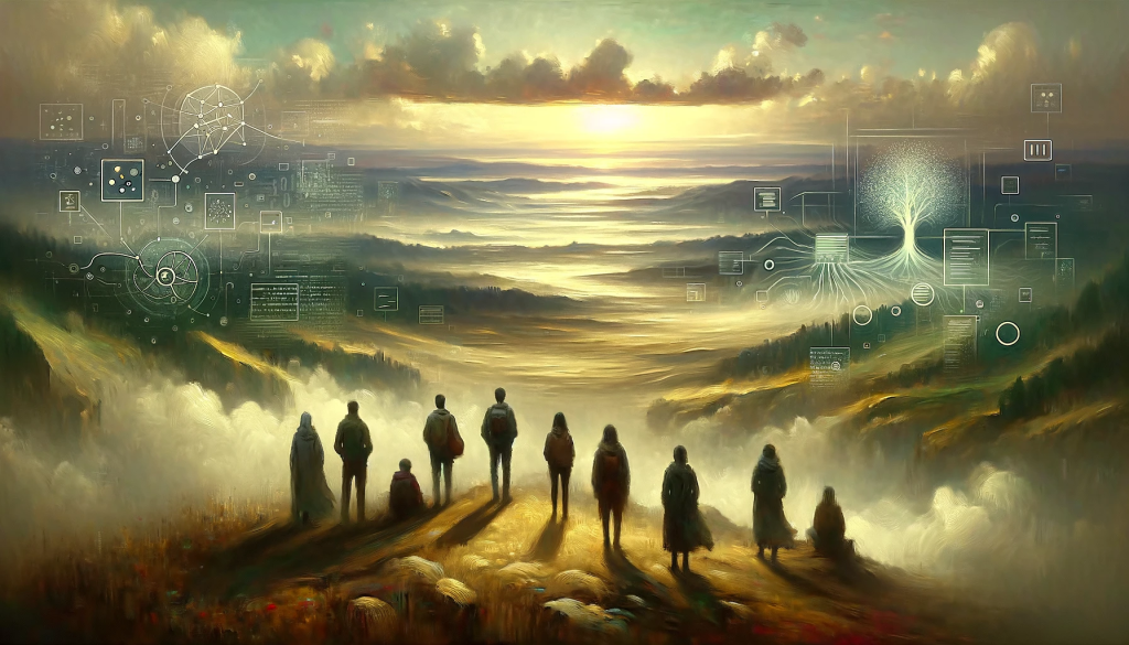 DALL-E 3 generated image of a group of people confronting the future of AI in nature